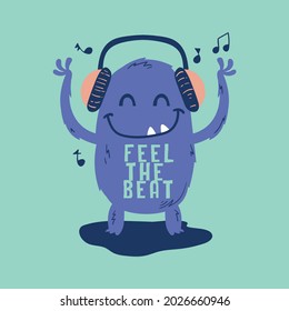 music lover cute monster drawing as vector for print