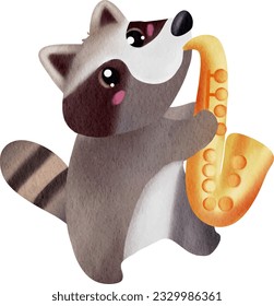 Music lover cute raccoon gang watercolor illustrations