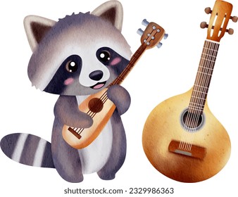 Music lover cute raccoon gang watercolor illustrations