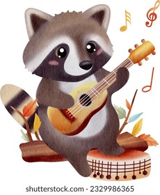 Music lover cute raccoon gang watercolor illustrations
