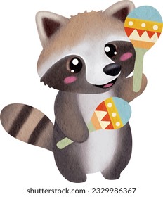 Music lover cute raccoon gang watercolor illustrations
