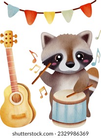 Music lover cute raccoon gang watercolor illustrations