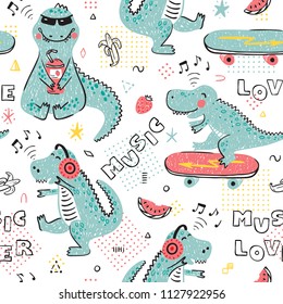 Music Lover Dinosaur Seamless pattern for kids fashion. Childish Background with Cute Dinosaurs. Cartoon Animal vector illustration