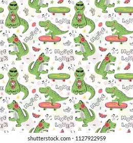 Music Lover Dinosaur Seamless pattern for kids fashion. Childish Background with Cute Dinosaurs. Cartoon Animal vector illustration