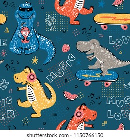 Music Lover Dinosaur Seamless pattern for kids fashion. Childish Background with Cute Dinosaurs. Cartoon Animal vector illustration