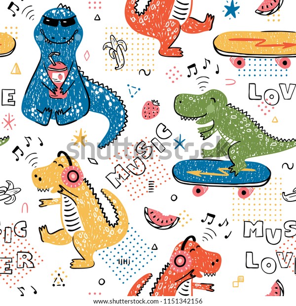 音楽好きの恐竜のシームレスなパターンで 子どものファッションに最適 かわいい恐竜の背景に子どもっぽい 漫画の動物のベクターイラスト のベクター画像素材 ロイヤリティフリー