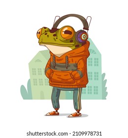 Music lover frog. Vector illustration. Calm trendy dressed anthropomorphic frog, gladly listening to the music on his headphones with his hands in pockets. Animal character with human body