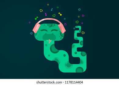 Music lover. Green, spotty snake in headphones. Flat vector illustration.