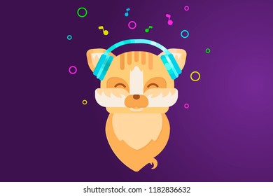 Music lover. Red cat in blue headphones on a purple background. Flat vector illustration.