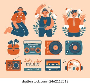 Music Lover Set. Collection of cute cartoon clip arts with persons, who listening music with headset, earphones, young woman showing v-gest, young man showing ok. Vinyl, cassette tape, radio, boombox.