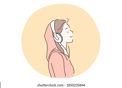 Music lover, sound, headphones, listening and enjoying concept. Young teen girl cartoon character in headphones listening to favourite music, radio or audiobook and smiling, side view 