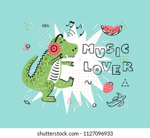 Diseño de estampado de camisetas Lover para los niños de la moda con Cute Dinosaur. Doodle dibujado a mano Dancing Dinosaur Listening Music en auriculares. Dibujo del vector animal