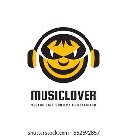 Music lover - vector logo concept illustration in flat style design. Audio mp3 sign. Modern sound icon. Dj symbol. Human head character. Headphones insignia. Record label songs.