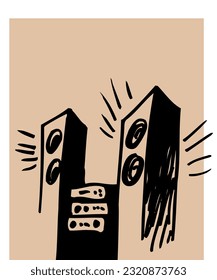 Music lover's corner. Acoustic systems, amplifier, player, equalizer. Hand drawing.