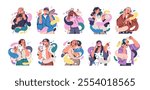 Music lovers enjoying songs. Young people with headphones, earphones, audio speakers. Happy modern women, men hearing sound in head phones. Flat vector illustration isolated on white background