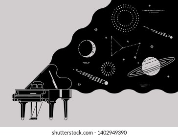 Music lovers themed design. Universe of classical music. Black grand piano with space, planets and stars spread from open lid