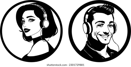  Music Lovers Vector Illustration Set: Beautiful woman and man Listening to Music with Headset