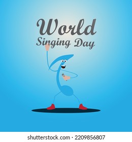 Music lyric character design holding mic on his hand and performing musical concert on stage, World singing day abstract vector illustration poster and banner design with blue background, typography