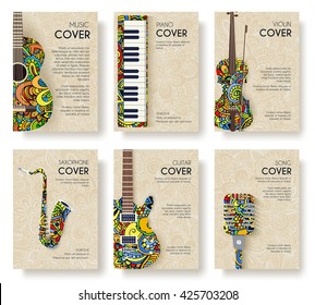 Music magazine layout flyer invitation design. Set of musical ornament illustration concept. Art instrument, poster, book, abstract, ottoman motifs, element. Vector decorative ethnic greeting card 