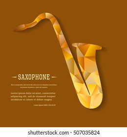 Music magazine layout flyer invitation saxophone design. Vector musical ornament illustration concept. Art instrument, poster, book, abstract element. Decorative triangular greeting card