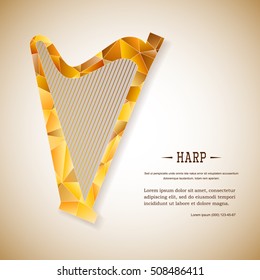 Music magazine layout flyer invitation harp design. Vector musical ornament illustration concept. Art instrument, poster, book, abstract element. Decorative triangular greeting card