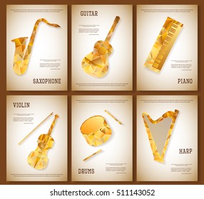 Music magazine layout flyer invitation saxophone violin piano drums guitar harp triangular design. Vector musical ornament illustration concept. Art instrument, poster, book, abstract element.