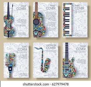 Music Magazine Layout Flyer Invitation Design. Set Of Musical Ornament Illustration Concept. Art Instrument, Poster, Book, Abstract, Ottoman Motifs, Element. Vector Decorative Ethnic Greeting Card