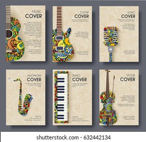 Music magazine layout flyer invitation design. Set of musical ornament illustration concept. Art instrument, poster, book, abstract, ottoman motifs, element. Vector decorative ethnic greeting card