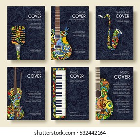 Music magazine layout flyer invitation design. Set of musical ornament illustration concept. Art instrument, poster, book, abstract, ottoman motifs, element. Vector decorative ethnic greeting card