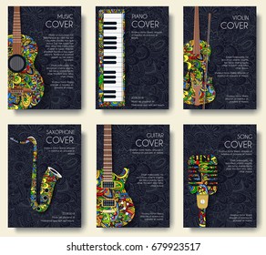 Music magazine layout flyer invitation design. Set of musical ornament illustration concept. Art instrument, poster, book, abstract, ottoman motifs, element. Vector decorative ethnic greeting card