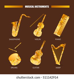 Music magazine object saxophone, drums, violin, piano, harp, guitar. Vector musical ornament illustration concept. Art instrument abstract element. Decorative triangular silhouette