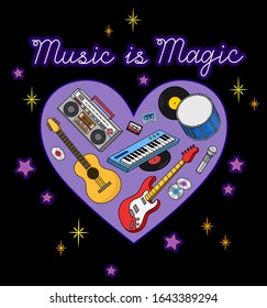 Music is Magic text. Musical instruments in a heart sign. Acoustic guitar, cassette player, vintage tapes, vinyl records, drum and microphone. Vector illustration 