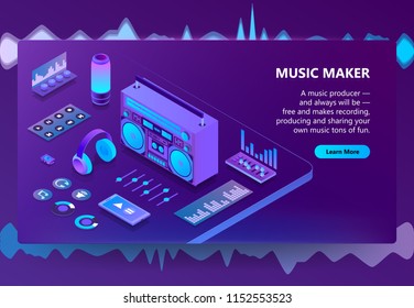 Music maker vector illustration for recording production technology. Isometric DJ equipment or audio Hi-Fi player, sound mixer controls or headphones and speakers on purple ultraviolet background