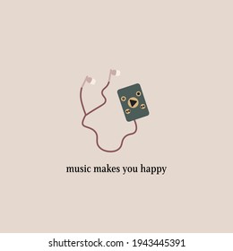 music makes you happy concept quote card, earphones, headphones 