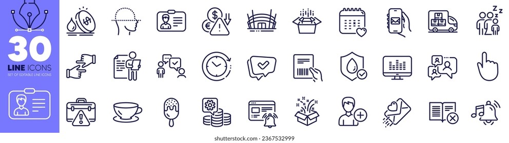 Music making, Alarm sound and Parcel invoice line icons pack. Click hands, Deflation, Gift web icon. Waterproof, Love letter, Warning briefcase pictogram. Packing boxes. Design with pen tool. Vector