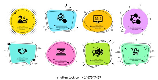 Music making, Graph chart and Integrity line icons set. Chat bubbles with quotes. Sale megaphone, Seo laptop and Handshake signs. Cross sell, Business growth symbols. Dj app, Get report. Vector