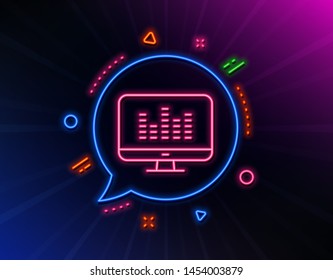 Music making line icon. Neon laser lights. DJ app sign. Musical device symbol. Glow laser speech bubble. Neon lights chat bubble. Banner badge with music making icon. Vector