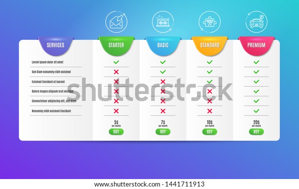 Music making, Open mail and Quick tips icons\
simple set. Comparison table. Parking sign. Dj app, View e-mail,\
Tutorials. Car park. Technology set. Pricing plan. Compare\
products. Vector