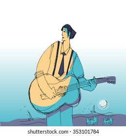 music man with guitar vector illustration. Vector flat simple friendly character isolated.sketch of summer performer. beach concert