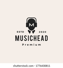 music man headphone hipster vintage logo vector icon illustration