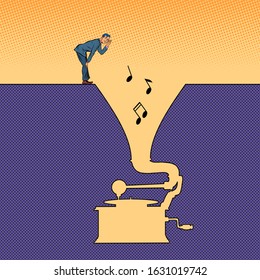 Music. A man listens to an old vinyl gramophone. Pit silhouette. Pop art retro vector illustration 50s 60s style