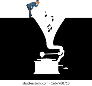 Music. A man listens to an old vinyl gramophone. Pit silhouette. Pop art retro vector illustration 50s 60s style