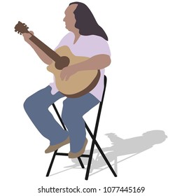 Music man sitting on the chair with guitar. Guitarist vector silhouette illustration., guitar player.
