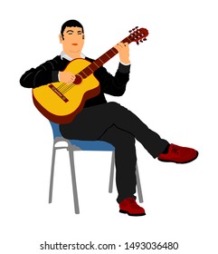 Music man sitting on the chair with guitar. Guitarist vector illustration, guitar player artist. Public concert entertainment. Singer musician show on stage. Art event with string instrument performer