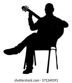 Music man sitting on the chair with guitar. Guitarist vector silhouette illustration, guitar player artist. Public concert entertainment. Singer musician show on stage. Art event string instrument.