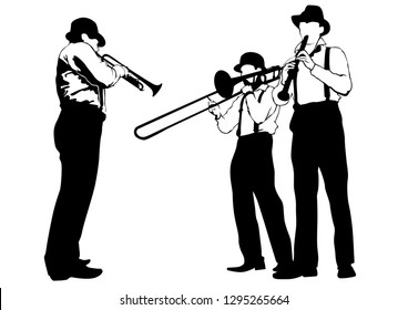 Music man whit brass band on blue background