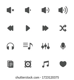 Music management flat icons in gray. Set of 16 pieces.