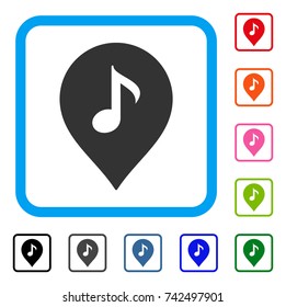 Music Marker icon. Flat gray pictogram symbol inside a light blue rounded squared frame. Black, gray, green, blue, red, orange color additional versions of Music Marker vector.