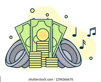 Music market with money sign, concept of paid sound industry