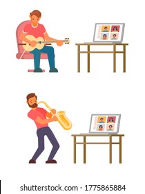 Music masterclass online video course, vector flat illustration. Two male characters musicians playing guitar and saxophone in front of laptop computer. Music art lesson video tutorial, live concert.